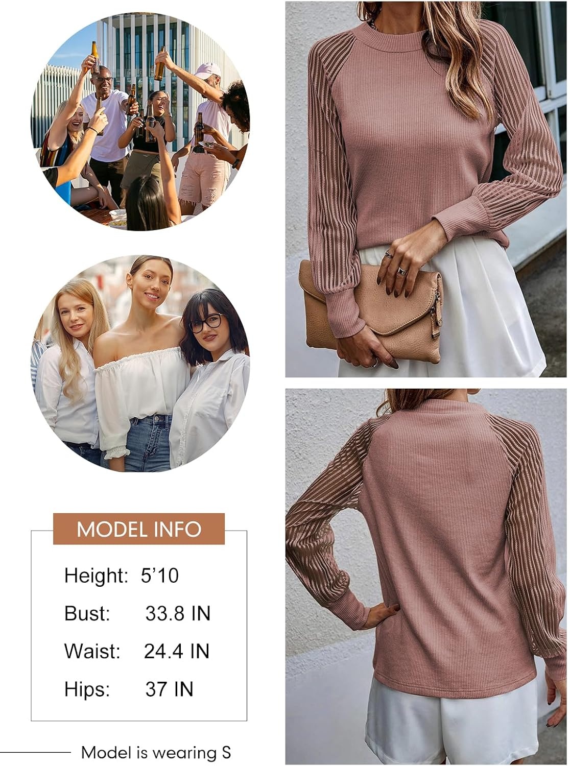 image:imageDokotoo Womens Fall Crewneck Mesh Lace Long Sleeve Ribbed Knit Blouses Solid Color Pullover Tops