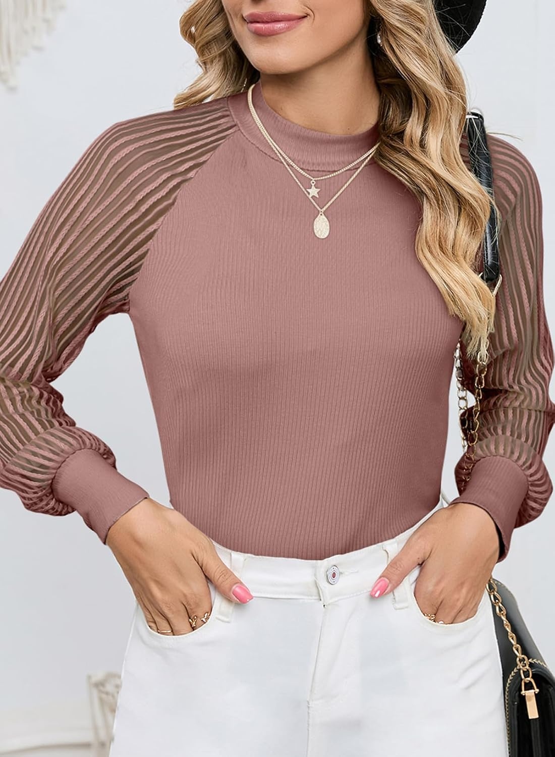image:imageDokotoo Womens Fall Crewneck Mesh Lace Long Sleeve Ribbed Knit Blouses Solid Color Pullover Tops
