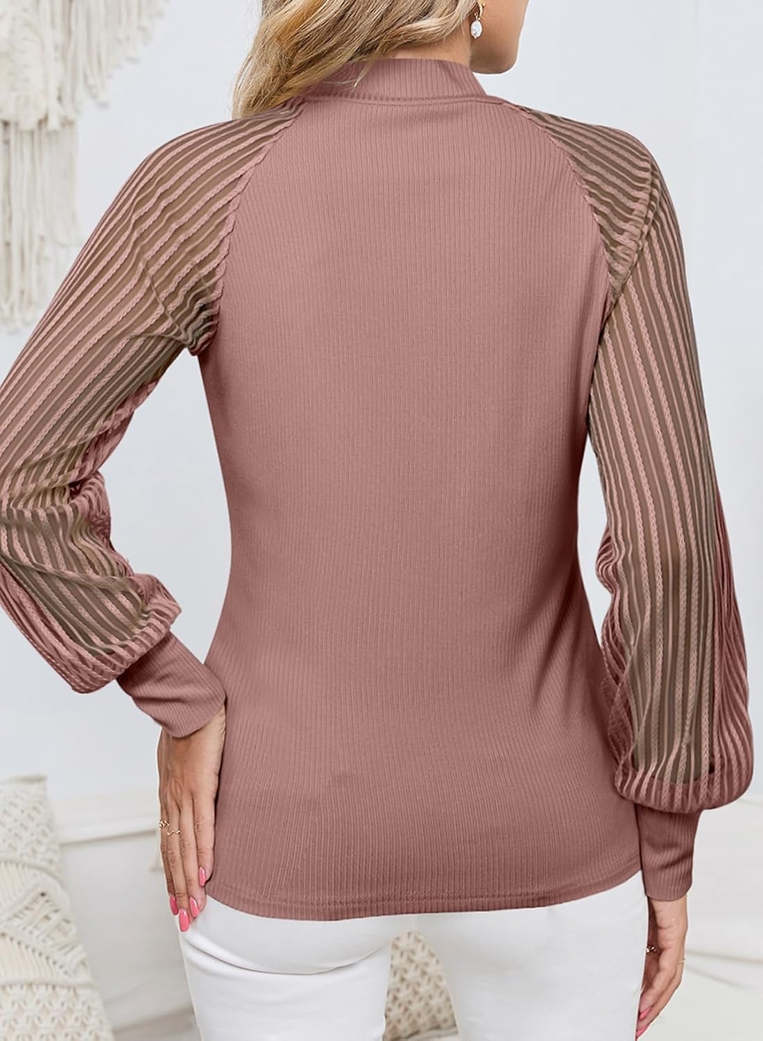 image:imageDokotoo Womens Fall Crewneck Mesh Lace Long Sleeve Ribbed Knit Blouses Solid Color Pullover Tops