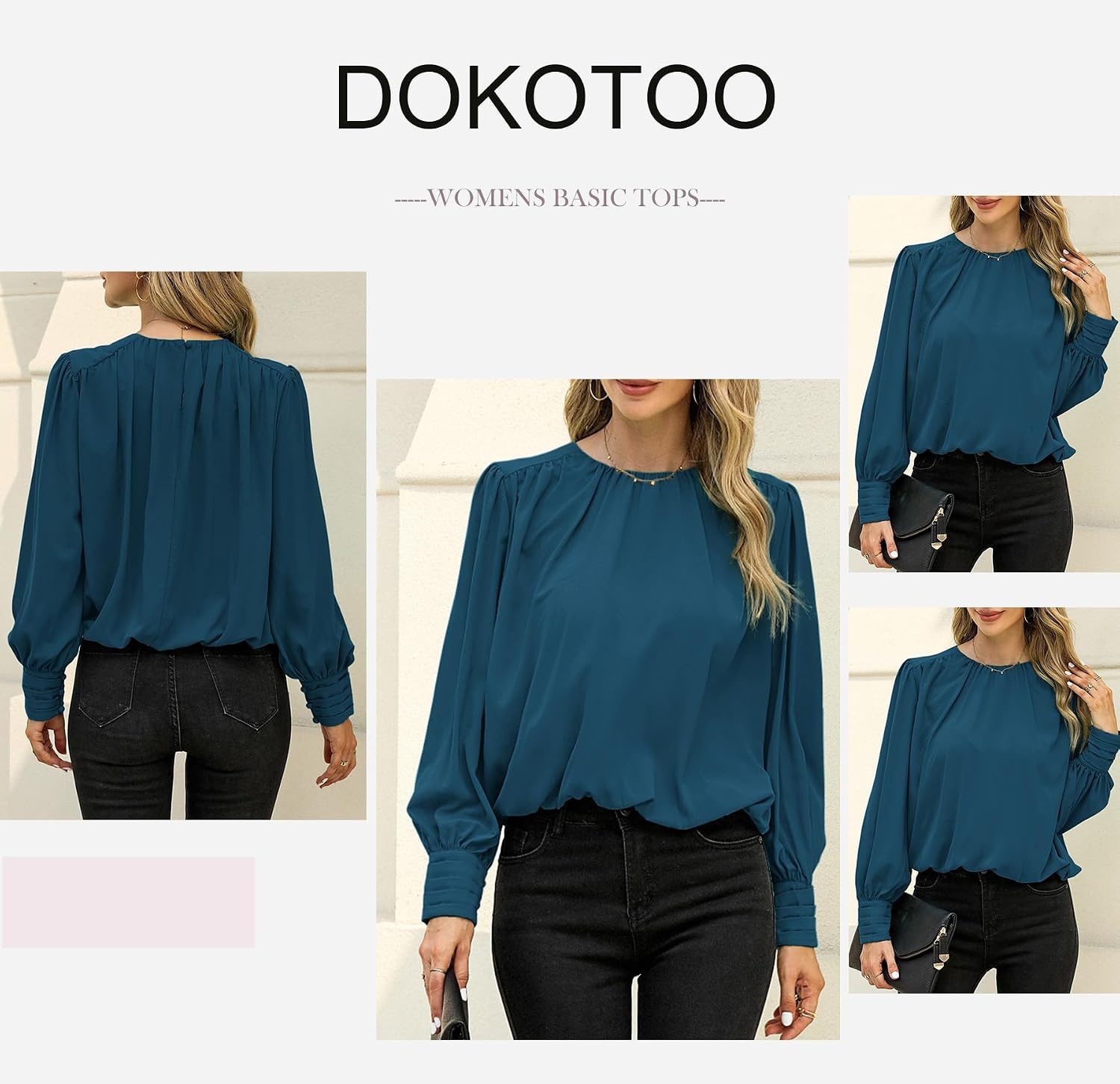image:imageDokotoo Womens Tops Blouses for Women Casual Long Sleeve Shirts Crew Neck Bohemian Solid Color Spring Work BusinessA Deep Blue