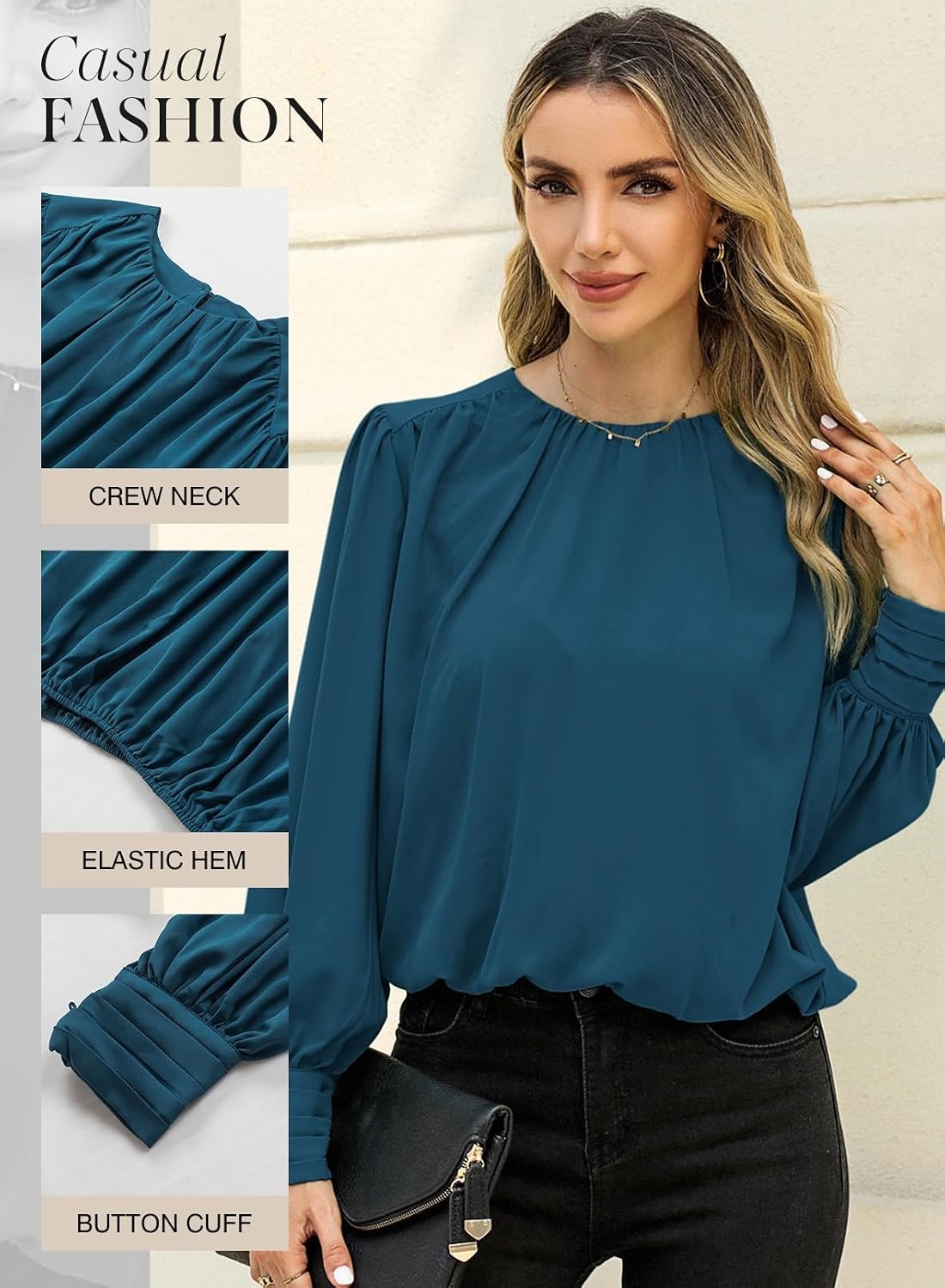 image:imageDokotoo Womens Tops Blouses for Women Casual Long Sleeve Shirts Crew Neck Bohemian Solid Color Spring Work BusinessA Deep Blue
