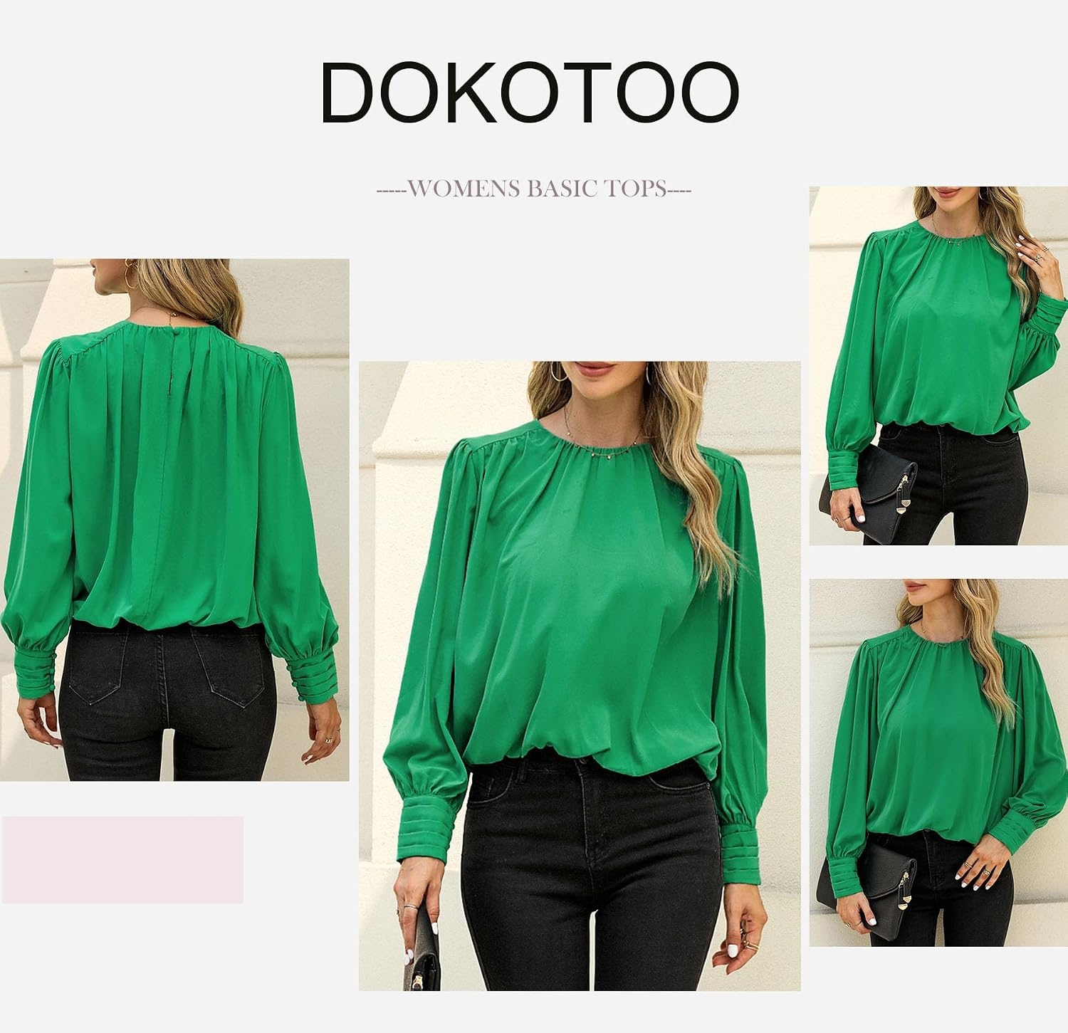image:imageDokotoo Womens Tops Blouses for Women Casual Long Sleeve Shirts Crew Neck Bohemian Solid Color Spring Work BusinessA Green
