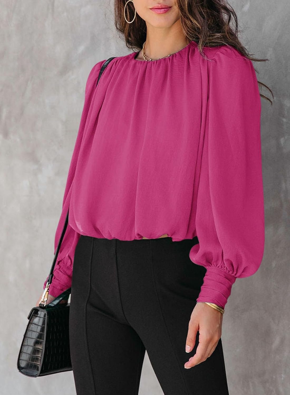 image:imageDokotoo Womens Tops Blouses for Women Casual Long Sleeve Shirts Crew Neck Bohemian Solid Color Spring Work BusinessA Purple