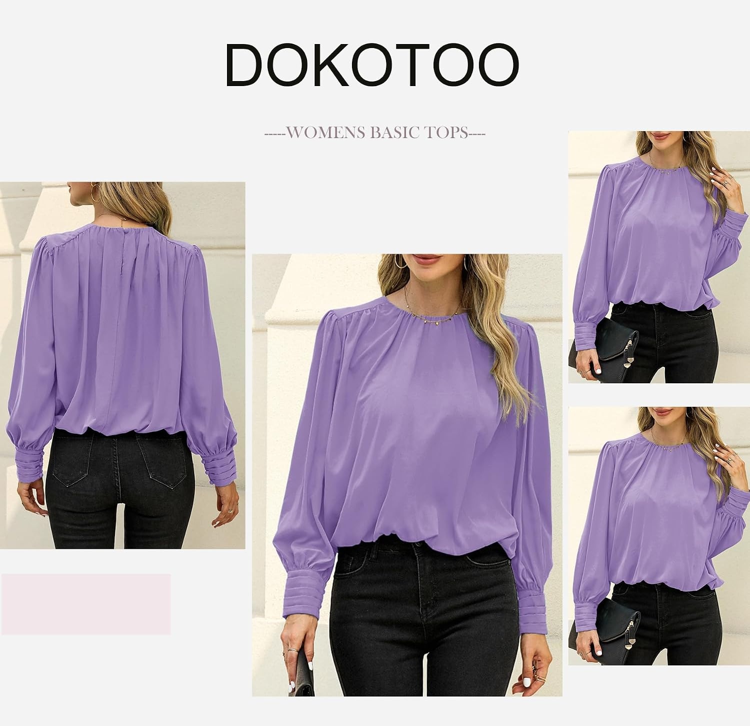 image:imageDokotoo Womens Tops Blouses for Women Casual Long Sleeve Shirts Crew Neck Bohemian Solid Color Spring Work BusinessA Purple