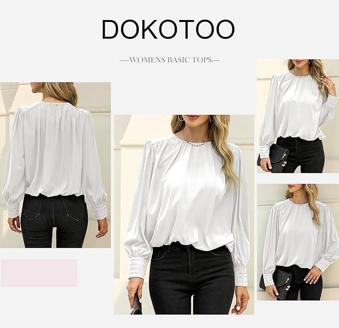 image:imageDokotoo Womens Tops Blouses for Women Casual Long Sleeve Shirts Crew Neck Bohemian Solid Color Spring Work BusinessA White