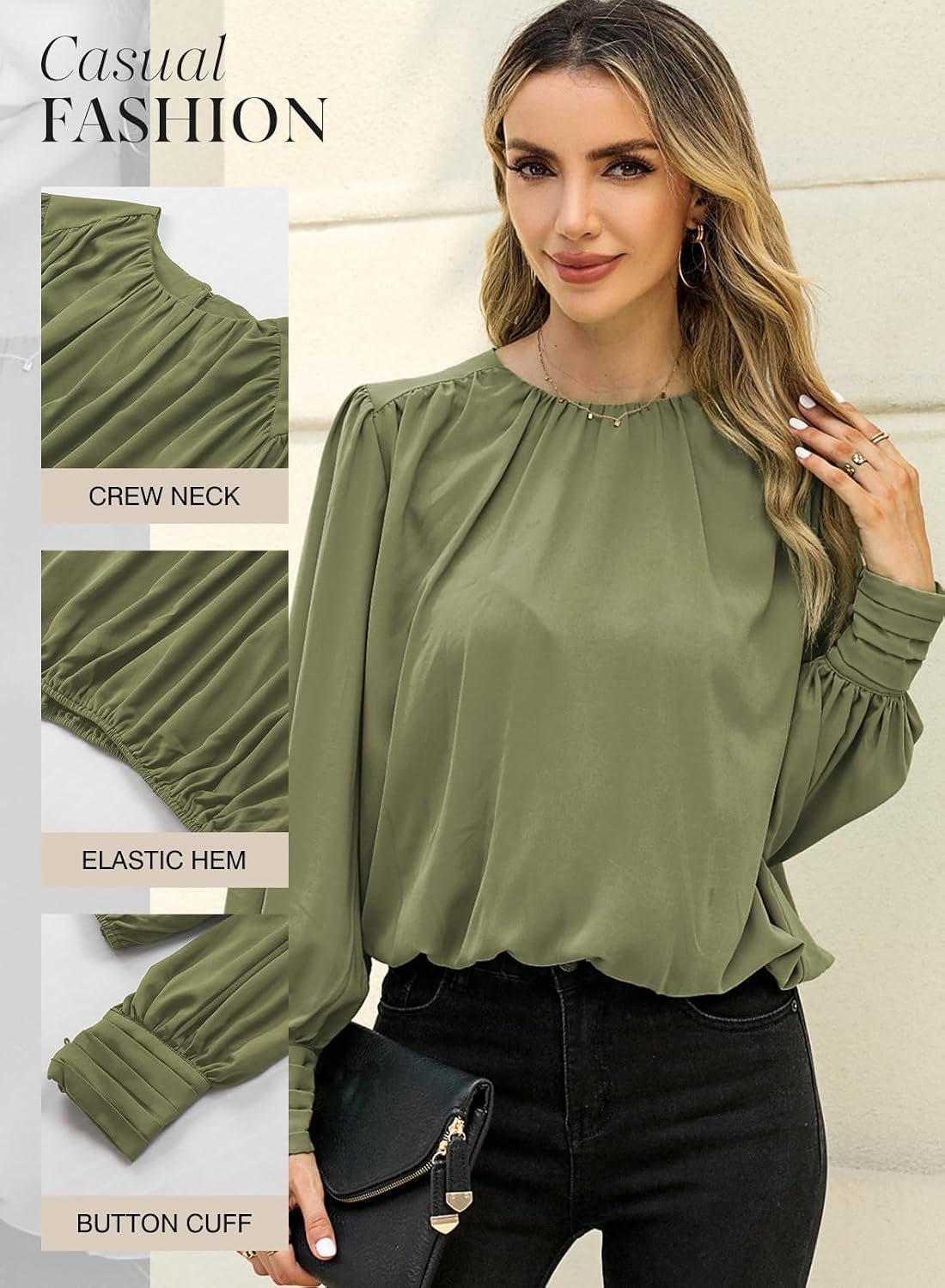 image:imageDokotoo Womens Tops Blouses for Women Casual Long Sleeve Shirts Crew Neck Bohemian Solid Color Spring Work BusinessGrass Green