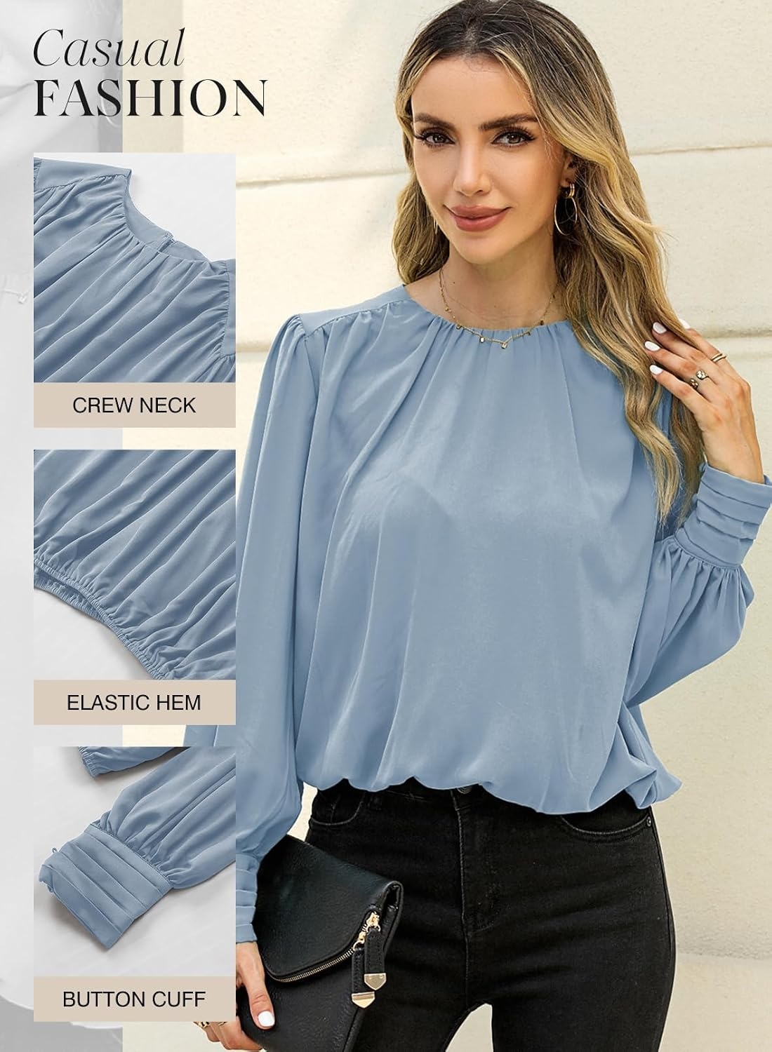 image:imageDokotoo Womens Tops Blouses for Women Casual Long Sleeve Shirts Crew Neck Bohemian Solid Color Spring Work BusinessLight Blue