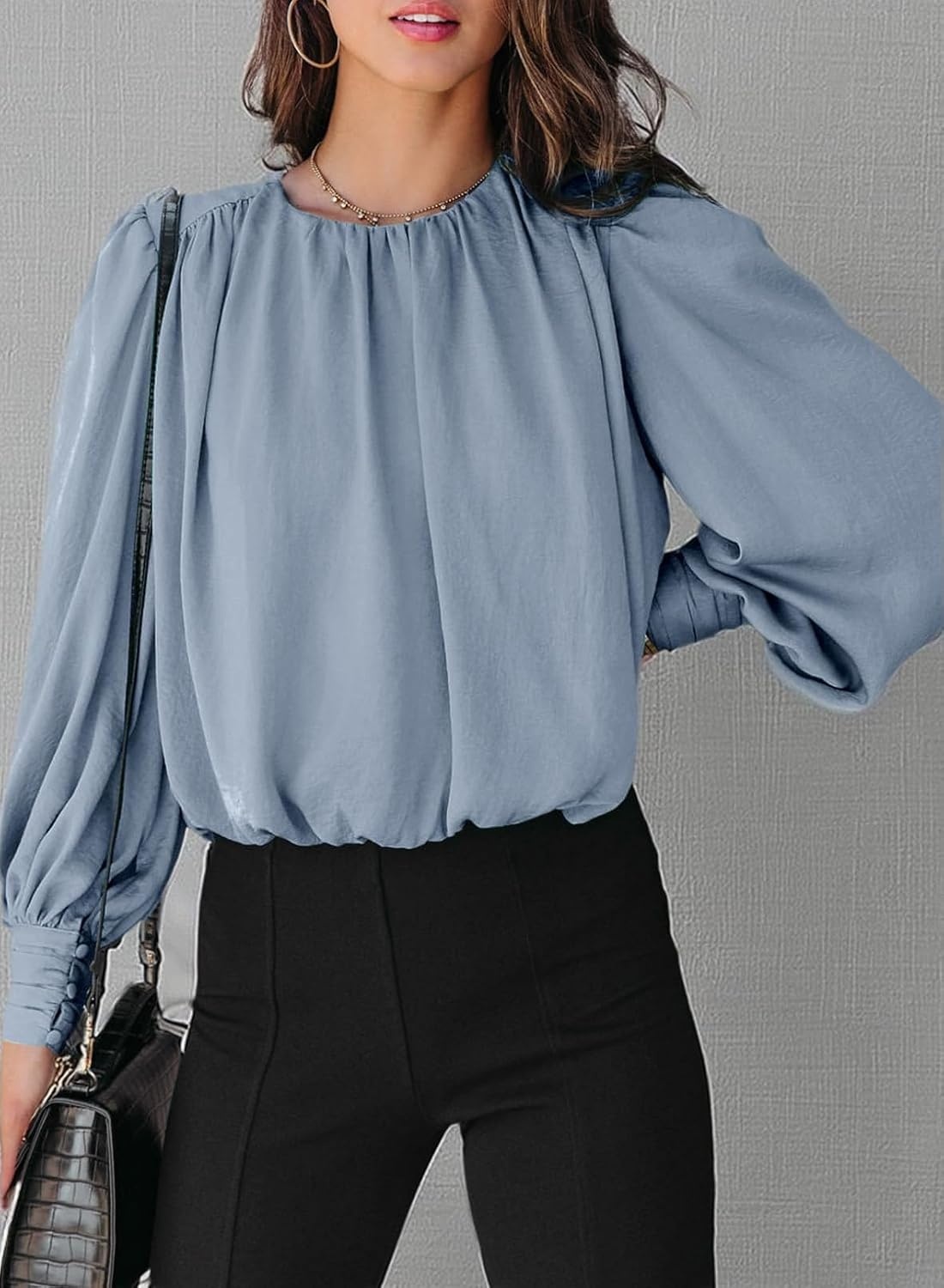 image:imageDokotoo Womens Tops Blouses for Women Casual Long Sleeve Shirts Crew Neck Bohemian Solid Color Spring Work BusinessLight Blue