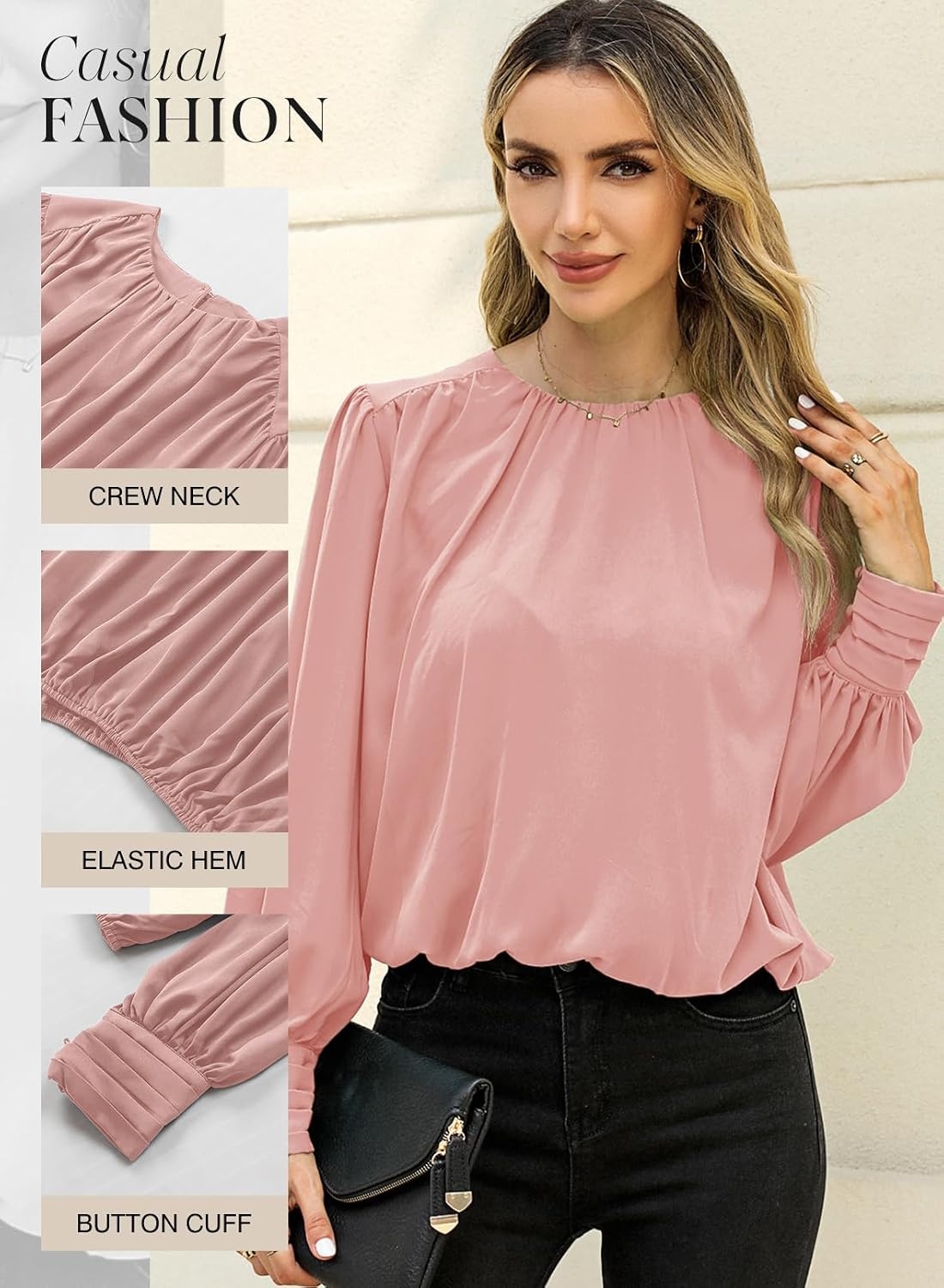 image:imageDokotoo Womens Tops Blouses for Women Casual Long Sleeve Shirts Crew Neck Bohemian Solid Color Spring Work BusinessPink