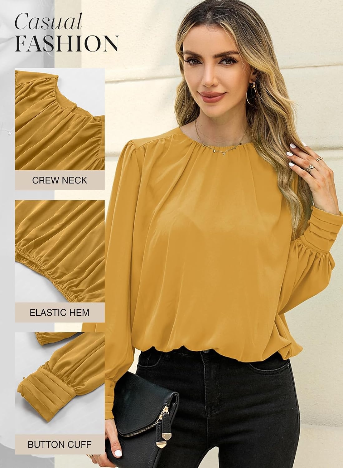 image:imageDokotoo Womens Tops Blouses for Women Casual Long Sleeve Shirts Crew Neck Bohemian Solid Color Spring Work BusinessYellow