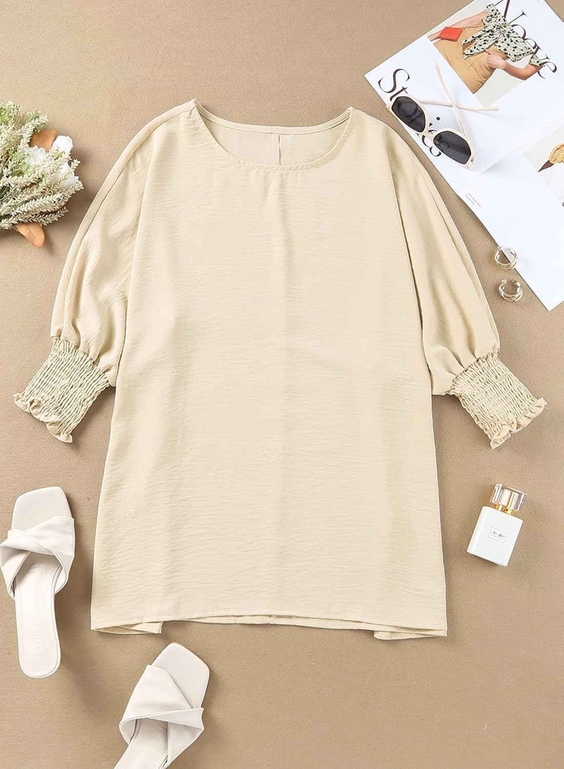 image:imageDokotoo Womens Tunic Top Plus Size Tops Dressy Casual Scoop Neck Babydoll Cute Tops Short Sleeve Shirts 2024 Spring Summer Top Oversized T Shirt Ladies Tops and Blouses for Women Apricot Small