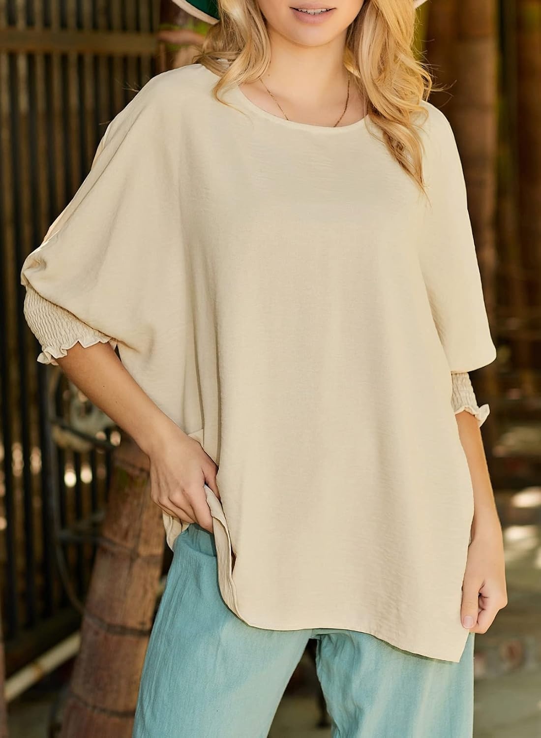 image:imageDokotoo Womens Tunic Top Plus Size Tops Dressy Casual Scoop Neck Babydoll Cute Tops Short Sleeve Shirts 2024 Spring Summer Top Oversized T Shirt Ladies Tops and Blouses for Women Apricot Small