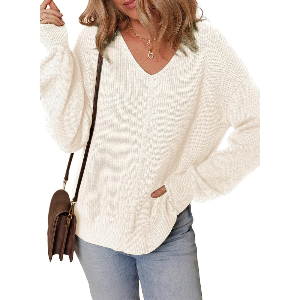 image:imageDokotoo Womens Casual V Neck Sweaters Long Sleeve Pullover Sweater Knit Jumper TopsWhite