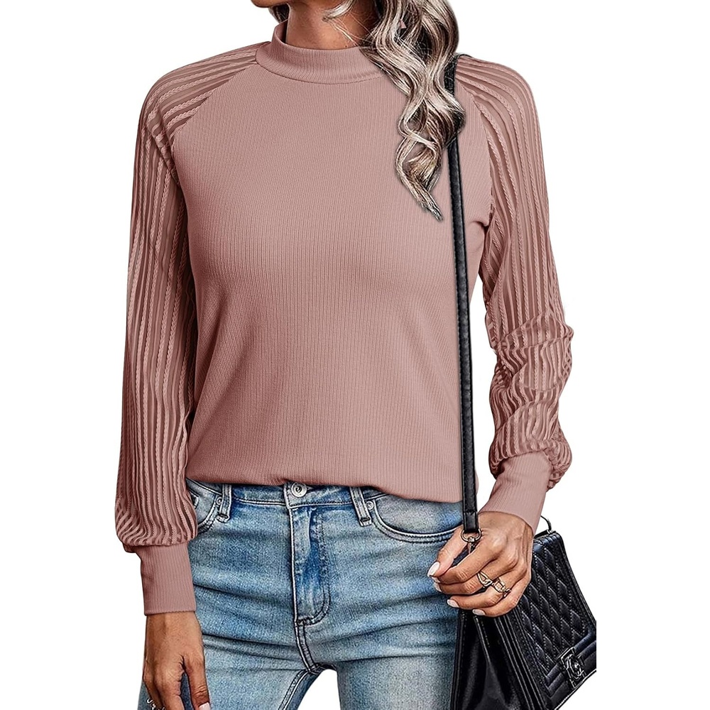 image:imageDokotoo Womens Fall Crewneck Mesh Lace Long Sleeve Ribbed Knit Blouses Solid Color Pullover Tops