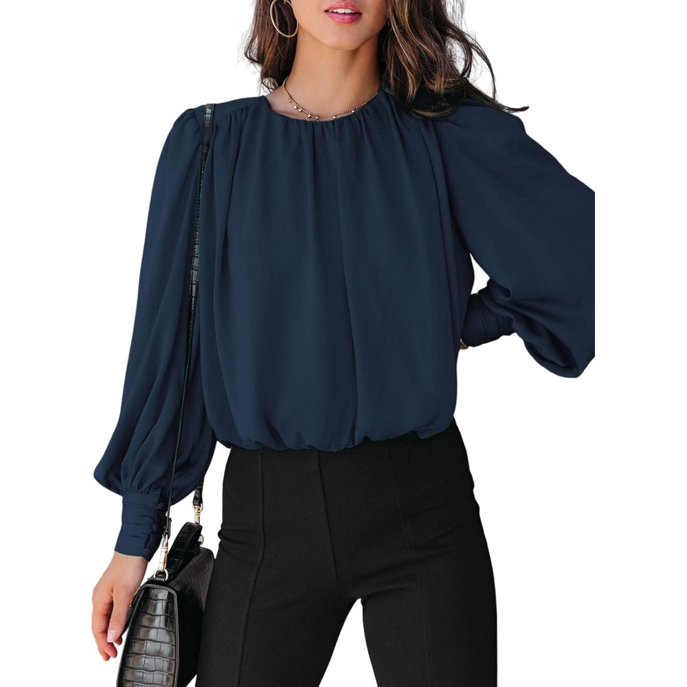 image:imageDokotoo Womens Tops Blouses for Women Casual Long Sleeve Shirts Crew Neck Bohemian Solid Color Spring Work BusinessA Deep Blue