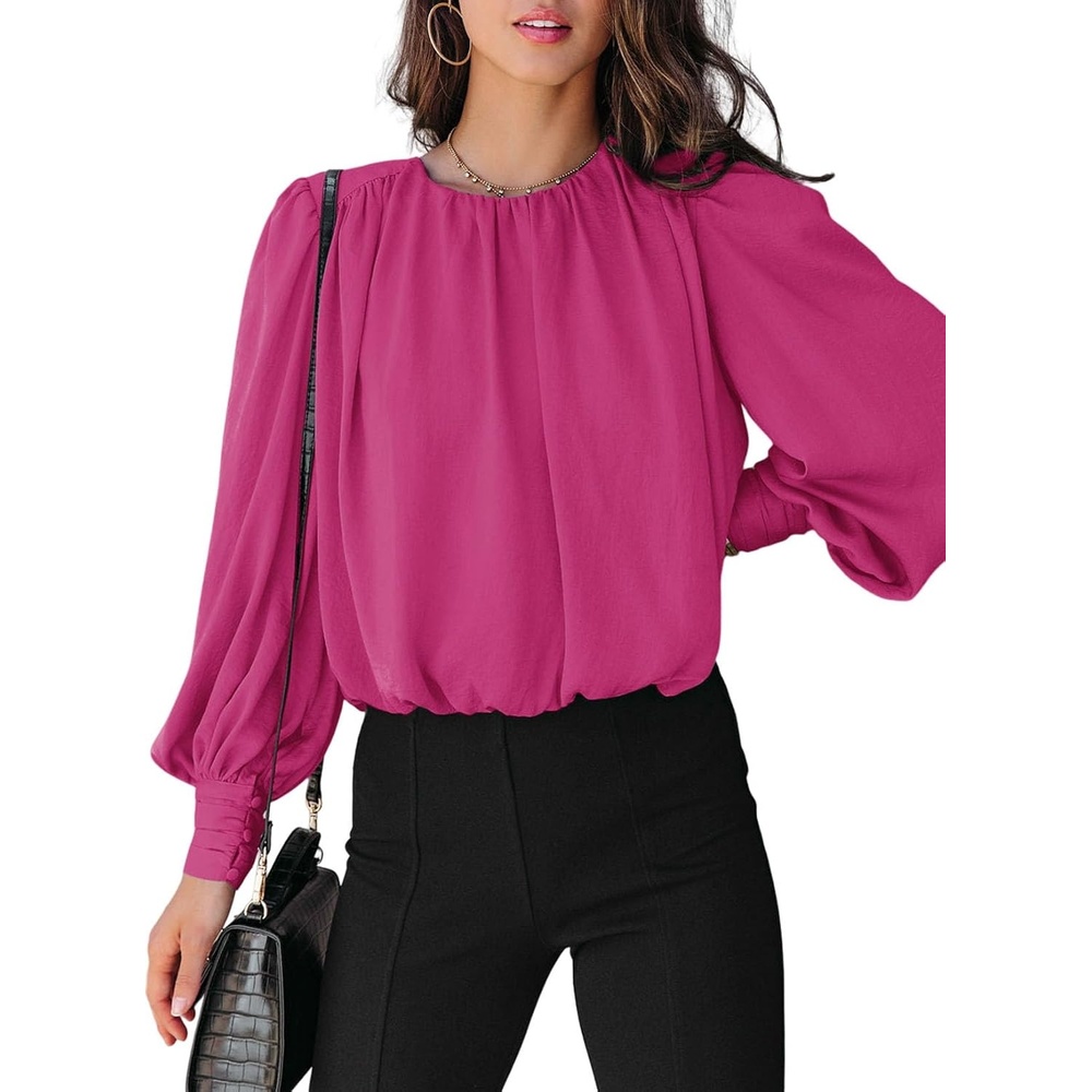 image:imageDokotoo Womens Tops Blouses for Women Casual Long Sleeve Shirts Crew Neck Bohemian Solid Color Spring Work BusinessA Rose