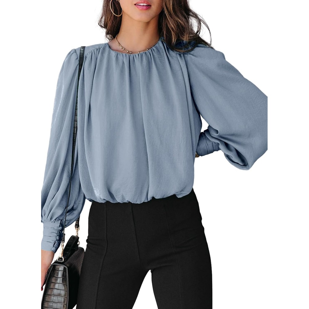 image:imageDokotoo Womens Tops Blouses for Women Casual Long Sleeve Shirts Crew Neck Bohemian Solid Color Spring Work BusinessLight Blue