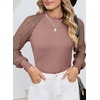 Dokotoo Womens Fall Crewneck Mesh Lace Long Sleeve Ribbed Knit Blouses Solid Color Pullover Tops