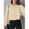 Dokotoo Women’s Tops Blouses for Women Casual Long Sleeve Shirts Crew Neck Bohemian Solid Color Spring Work Business(Khaki)