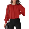 Dokotoo Women’s Tops Blouses for Women Casual Long Sleeve Shirts Crew Neck Bohemian Solid Color Spring Work Business(A Red)