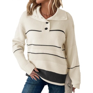 Dokotoo Womens Sweaters Long Sleeve Fall Fashion 2024 1/4 Button Pullover Sweater Striped Color Block Knit Jumper Tops