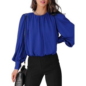 Dokotoo Women’s Tops Blouses for Women Casual Long Sleeve Shirts Crew Neck Bohemian Solid Color Spring Work Business(A Blue)