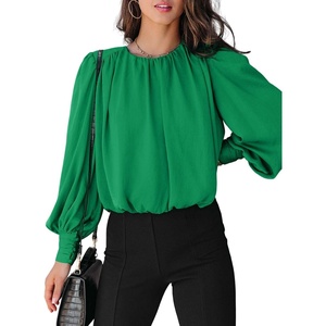 Dokotoo Women’s Tops Blouses for Women Casual Long Sleeve Shirts Crew Neck Bohemian Solid Color Spring Work Business(A Green)