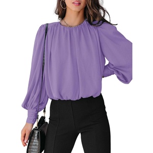 Dokotoo Women’s Tops Blouses for Women Casual Long Sleeve Shirts Crew Neck Bohemian Solid Color Spring Work Business(A Purple)