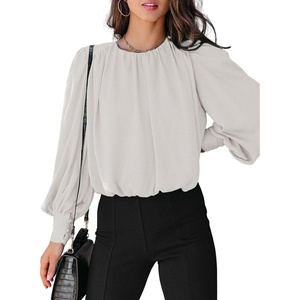 Dokotoo Women’s Tops Blouses for Women Casual Long Sleeve Shirts Crew Neck Bohemian Solid Color Spring Work Business(A White)