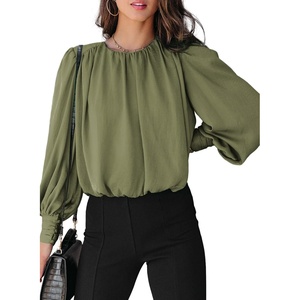 Dokotoo Women’s Tops Blouses for Women Casual Long Sleeve Shirts Crew Neck Bohemian Solid Color Spring Work Business(Grass Green)