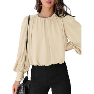 Dokotoo Women’s Tops Blouses for Women Casual Long Sleeve Shirts Crew Neck Bohemian Solid Color Spring Work Business(Khaki)