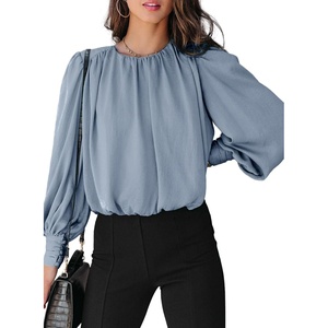 Dokotoo Women’s Tops Blouses for Women Casual Long Sleeve Shirts Crew Neck Bohemian Solid Color Spring Work Business(Light Blue)