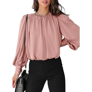 Dokotoo Women’s Tops Blouses for Women Casual Long Sleeve Shirts Crew Neck Bohemian Solid Color Spring Work Business(Pink)
