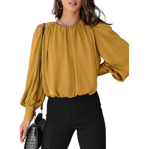 Dokotoo Women’s Tops Blouses for Women Casual Long Sleeve Shirts Crew Neck Bohemian Solid Color Spring Work Business(Yellow)