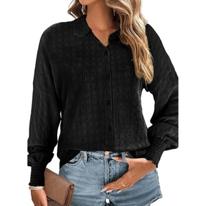 Dokotoo Womens Tops Oversized Textured Button Down Shirts Smocked Long Sleeve V Neck Casual Loose Blouses