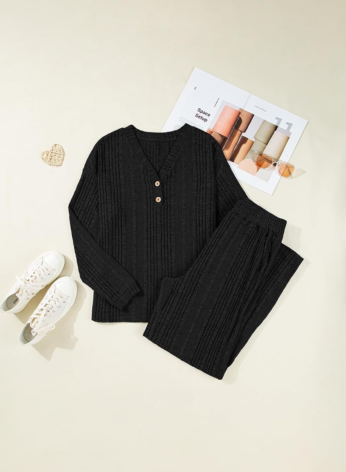 image:imageDokotoo 2 Piece Lounge Sets for Women Ribbed Knit Button V Neck Long Sleeve Tops Matching Pants Pajamas Set 2025 Fall Outfits