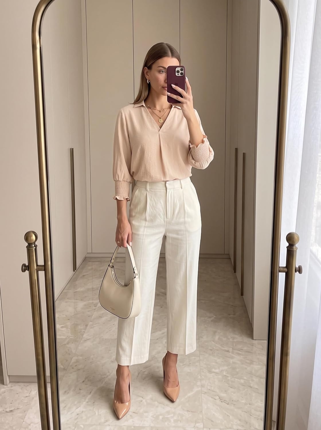 image:imageDokotoo 34 Length Sleeve Womens Tops Dressy Blouses Collared ShirtsApricot