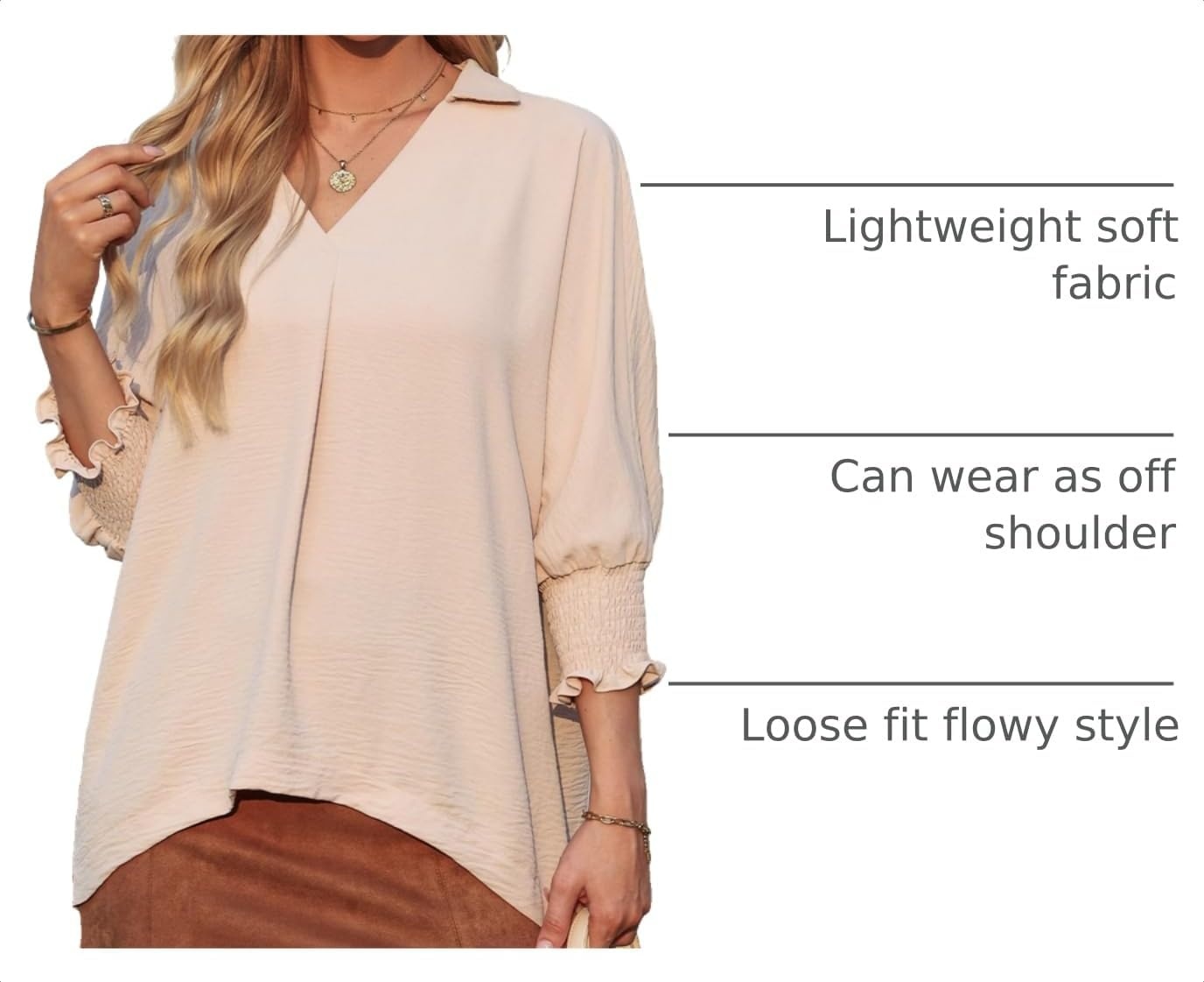 image:imageDokotoo 34 Length Sleeve Womens Tops Dressy Blouses Collared ShirtsApricot