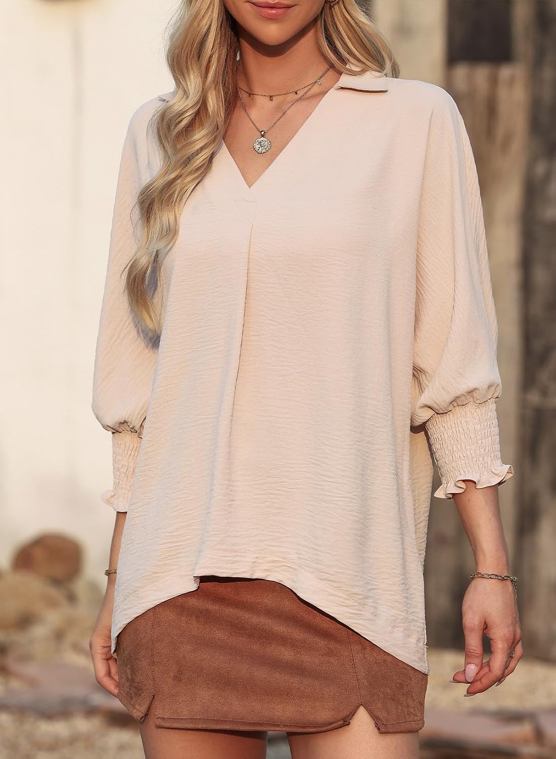 image:imageDokotoo 34 Length Sleeve Womens Tops Dressy Blouses Collared ShirtsApricot