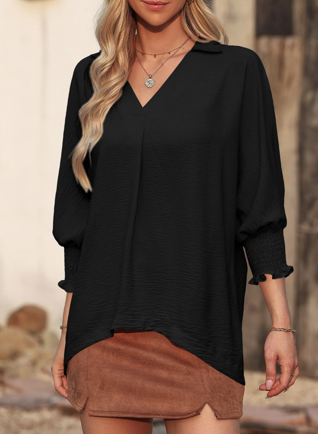 image:imageDokotoo 34 Length Sleeve Womens Tops Dressy Blouses Collared ShirtsBlack