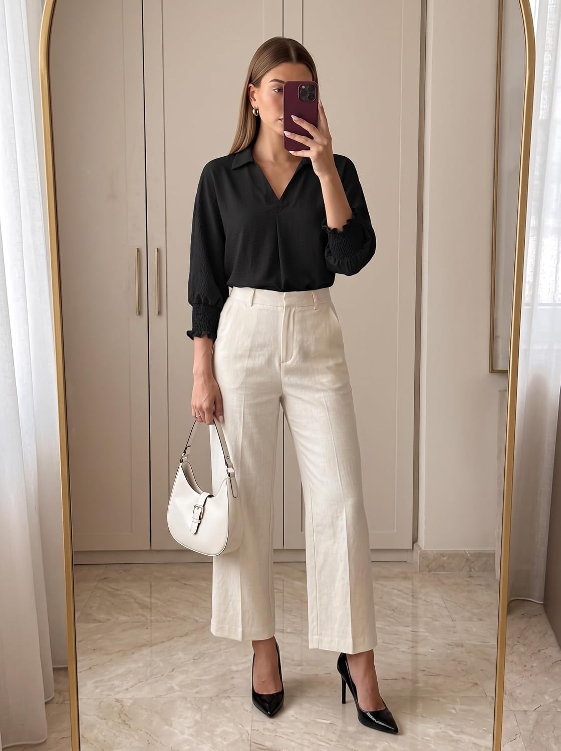 image:imageDokotoo 34 Length Sleeve Womens Tops Dressy Blouses Collared ShirtsBlack