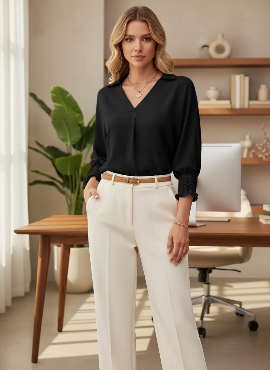image:imageDokotoo 34 Length Sleeve Womens Tops Dressy Blouses Collared ShirtsBlack
