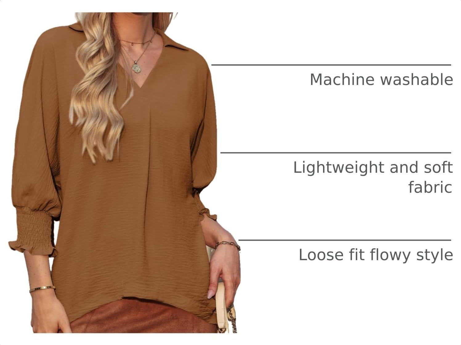 image:imageDokotoo 34 Length Sleeve Womens Tops Dressy Blouses Collared ShirtsBrown
