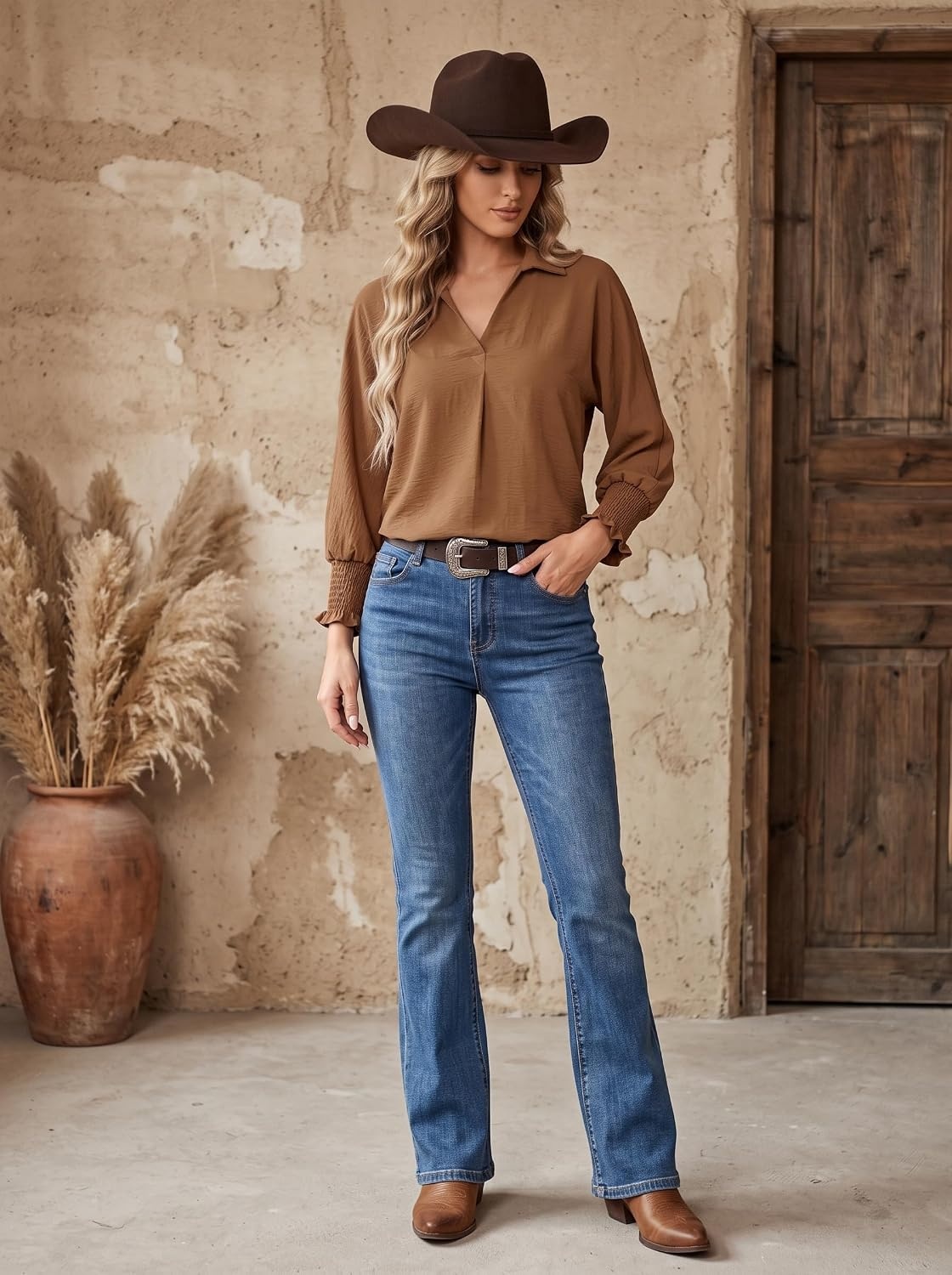 image:imageDokotoo 34 Length Sleeve Womens Tops Dressy Blouses Collared ShirtsBrown
