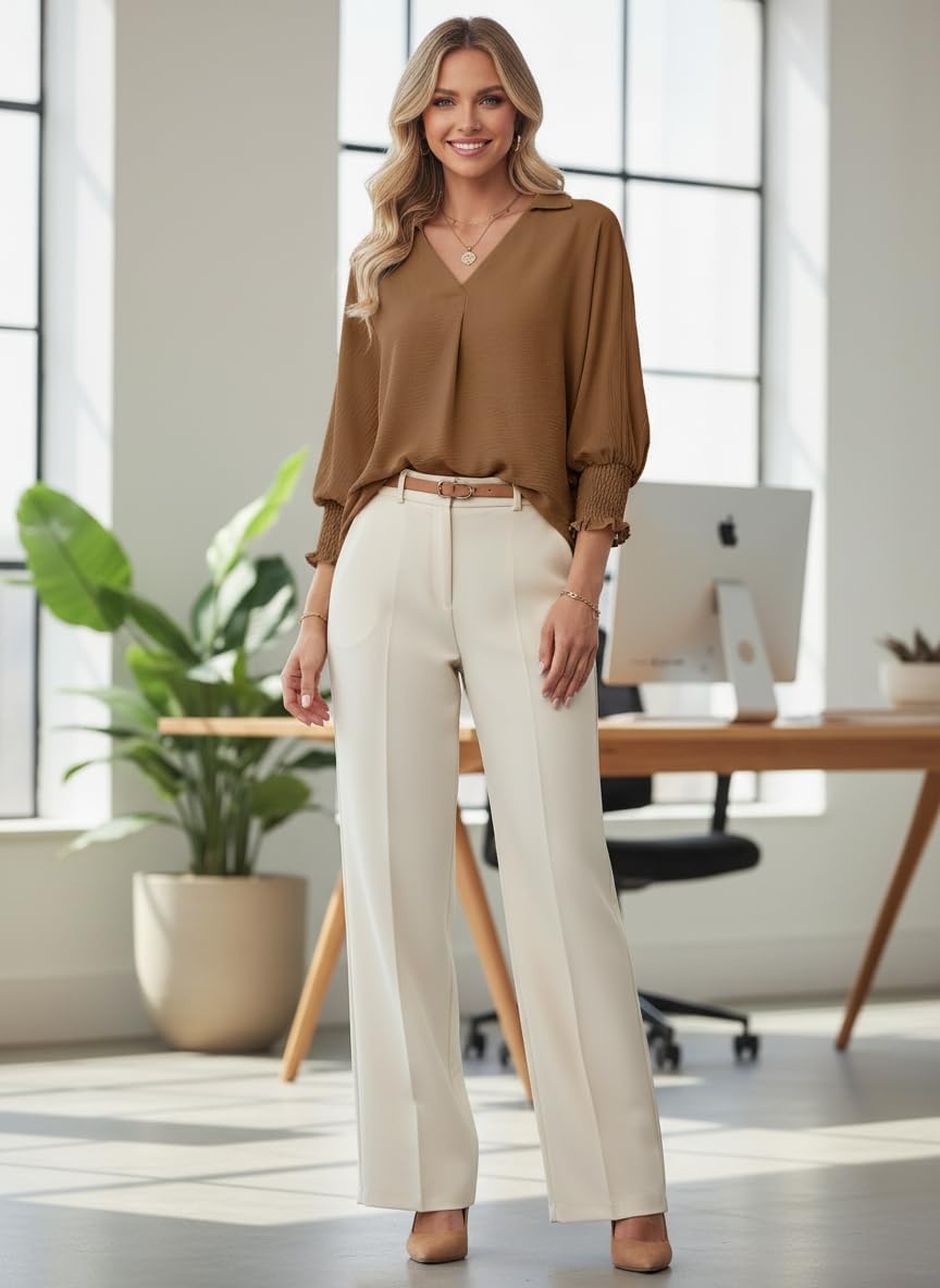 image:imageDokotoo 34 Length Sleeve Womens Tops Dressy Blouses Collared ShirtsBrown