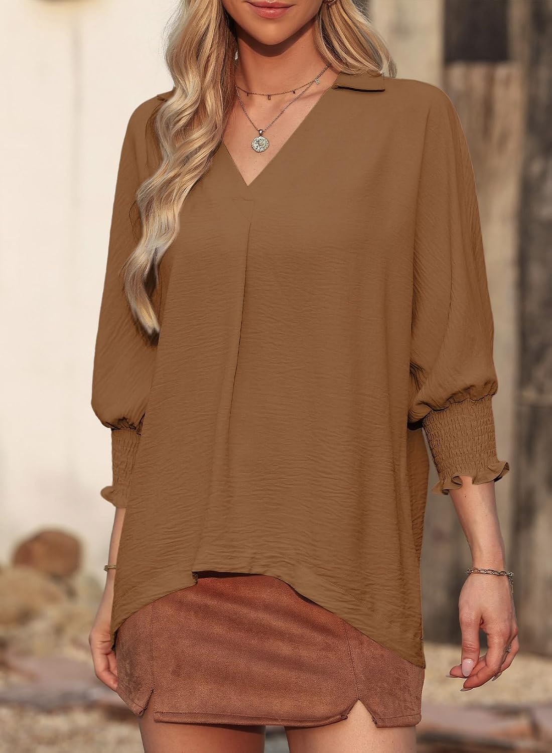 image:imageDokotoo 34 Length Sleeve Womens Tops Dressy Blouses Collared ShirtsBrown