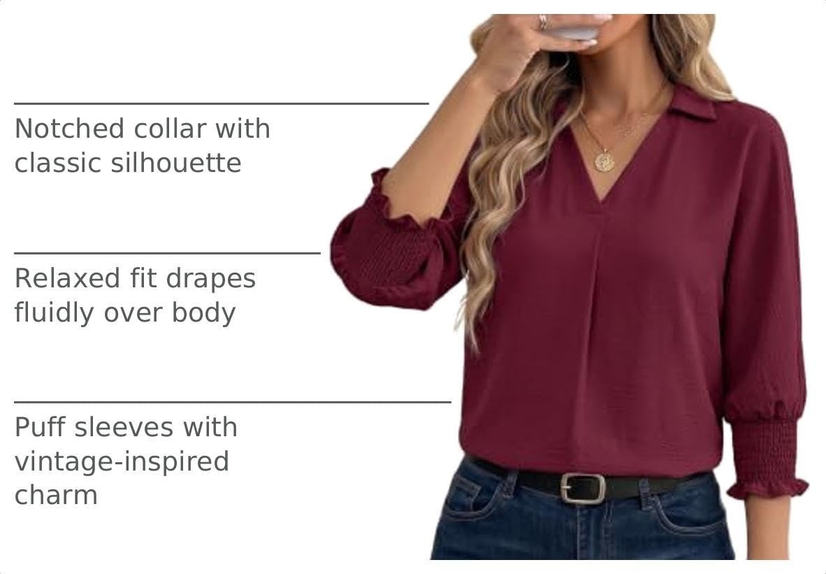 image:imageDokotoo 34 Length Sleeve Womens Tops Dressy Blouses Collared ShirtsBurgundy