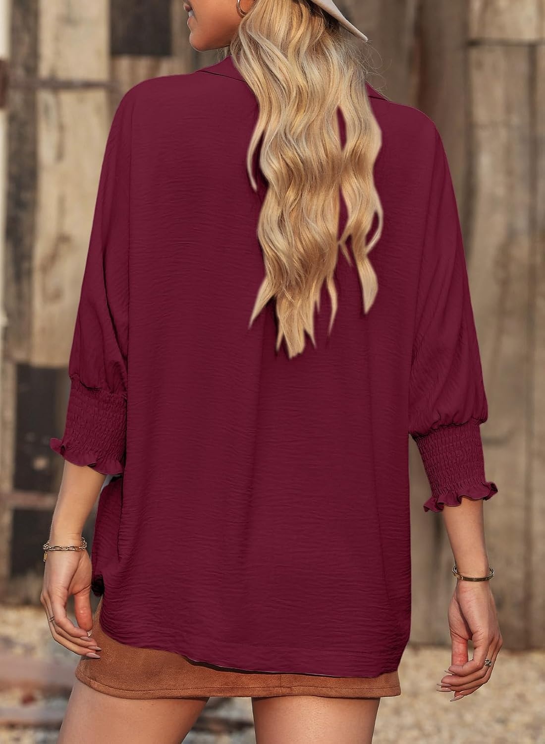 image:imageDokotoo 34 Length Sleeve Womens Tops Dressy Blouses Collared ShirtsBurgundy