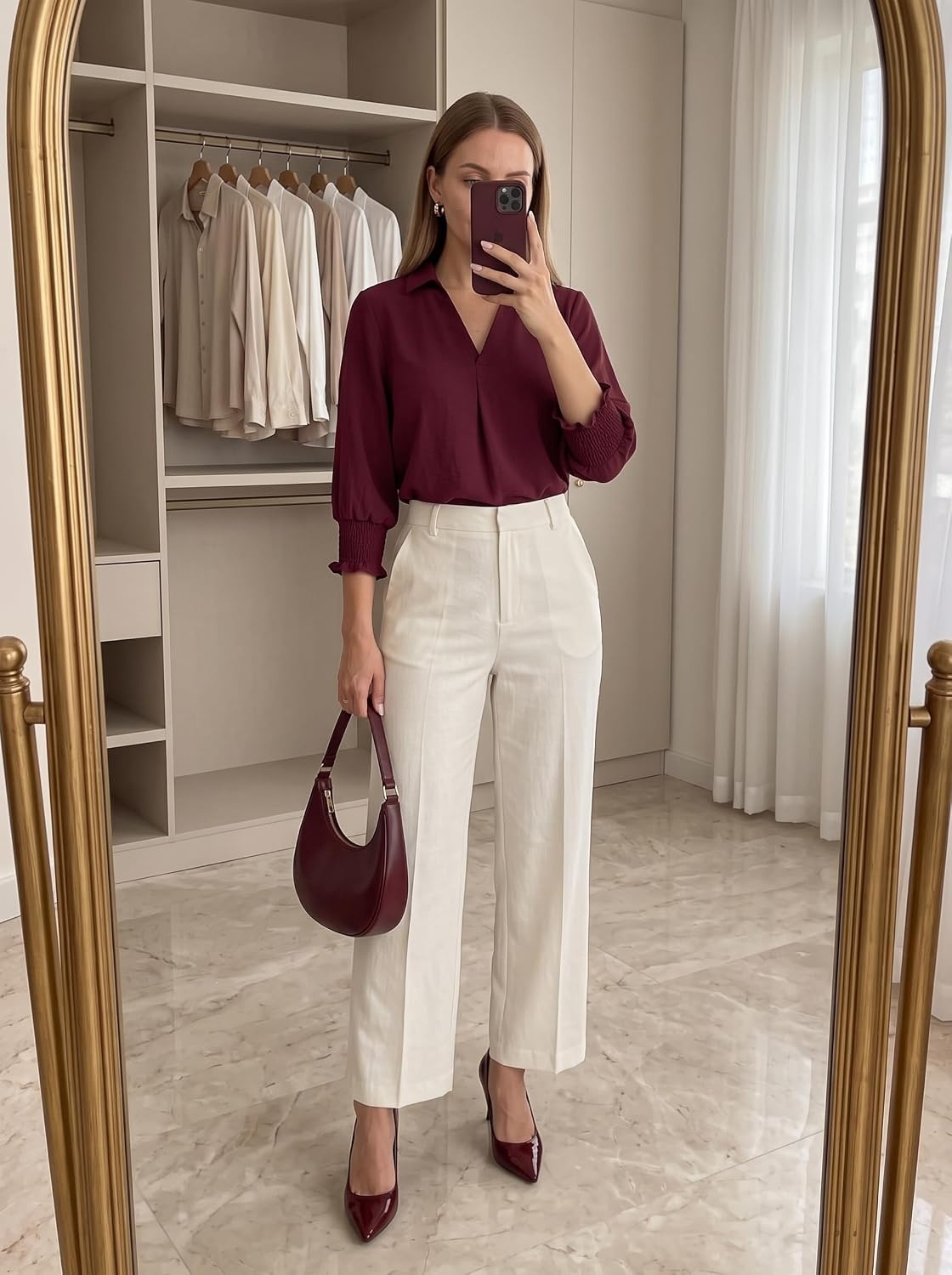 image:imageDokotoo 34 Length Sleeve Womens Tops Dressy Blouses Collared ShirtsBurgundy