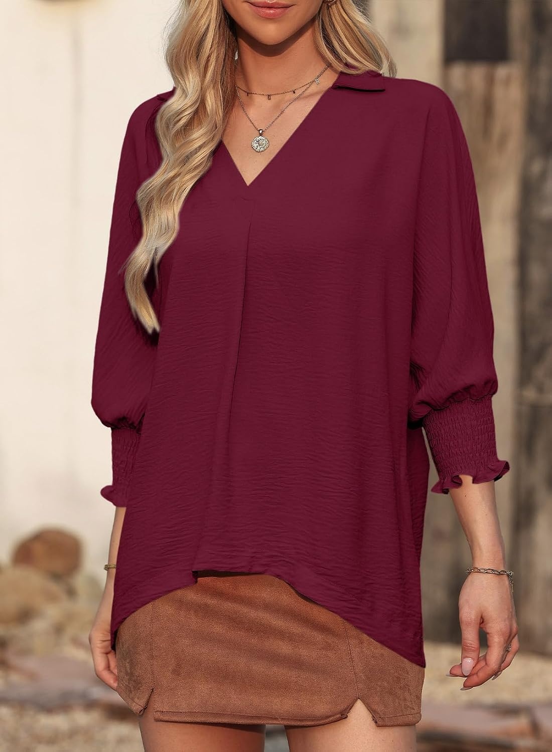 image:imageDokotoo 34 Length Sleeve Womens Tops Dressy Blouses Collared ShirtsBurgundy